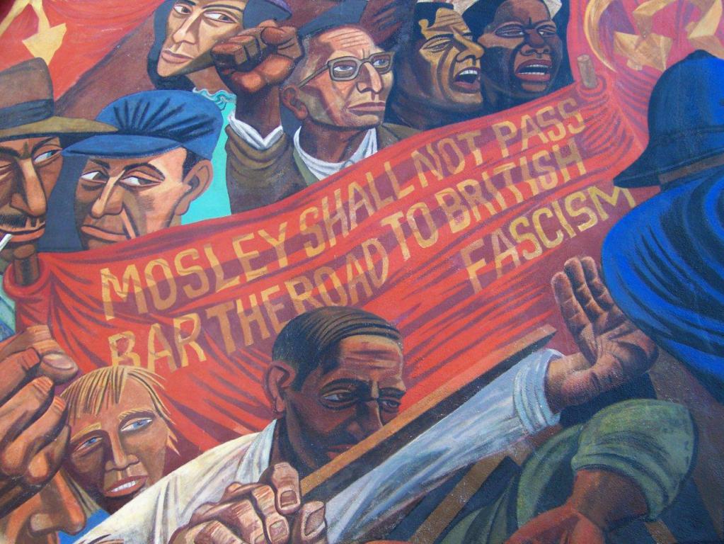 part of the Cable Street mural showing a banner reading "Mosley shall not pass - bar the road to British Fascism"