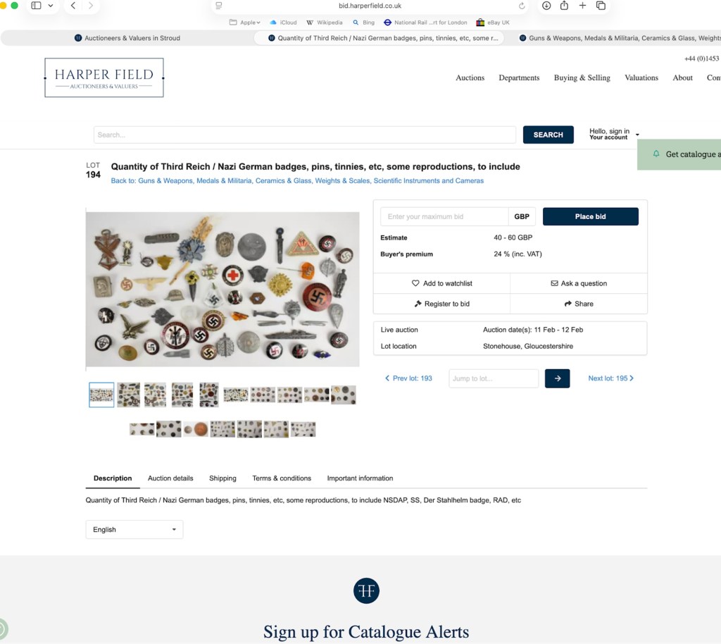 screenshot of Harper Field website showing "Lot 194 Quantity of Third Reich / Nazi German badges, pins, tinnes, etc, some reproductions"